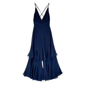 Fame & Partners Tiered Ruffle Wide Leg V-Neck Open Back Jumpsuit XS Navy Blue
